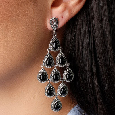 Brinco de Prata com Ônix e Marcassitas - 36801