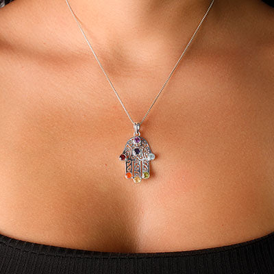 Pingente de Prata Hamsa com Pedras