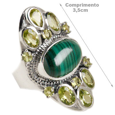 Anel de Prata com Malaquita e Peridoto