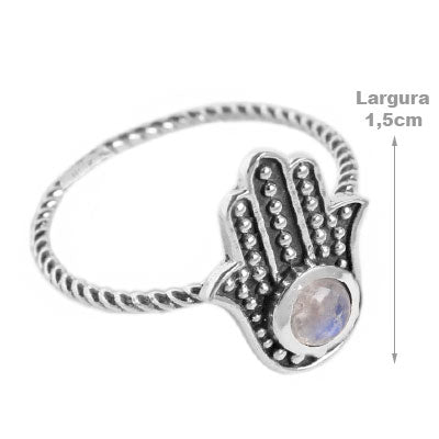 Anel de Prata Hamsa com Pedra da Lua