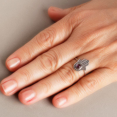 Anel de Prata Hamsa com Ametista