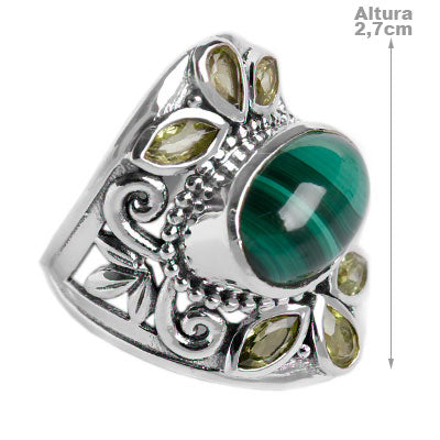 Anel de Prata com Malaquita e Peridoto
