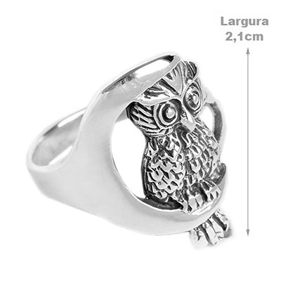 Anel de Prata Coruja e Lua