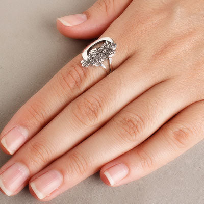 Anel de Prata Coruja e Lua