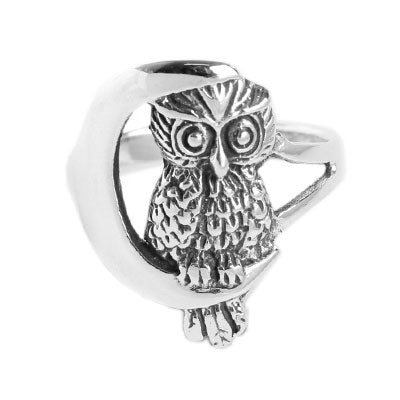 Anel de Prata Coruja e Lua