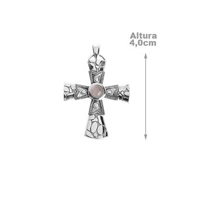 Pingente de Prata Cruz com Quartzo Rosa