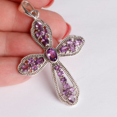 Pingente de Prata Cruz com Ametista -