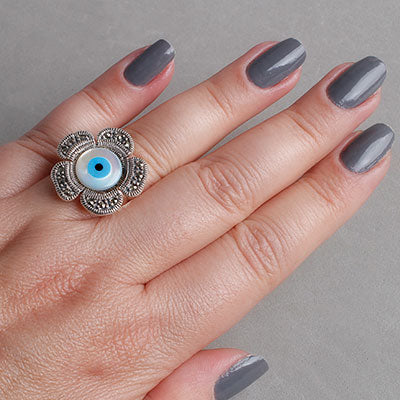 Anel de Prata Flor com Olho Grego