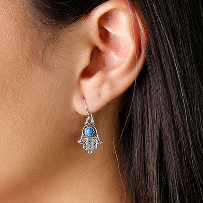 Brinco de Prata Hamsa com Opala