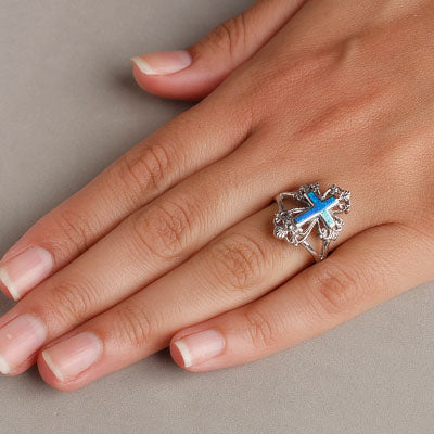 Anel de Prata Cruz com Opala -