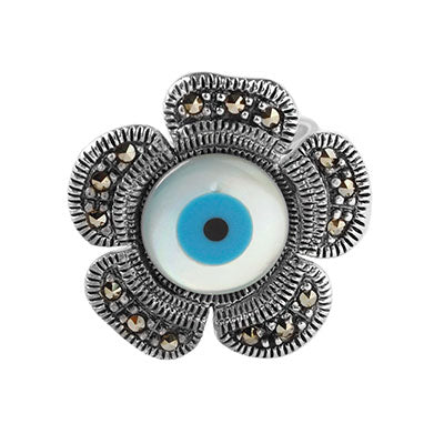 Anel de Prata Flor com Olho Grego