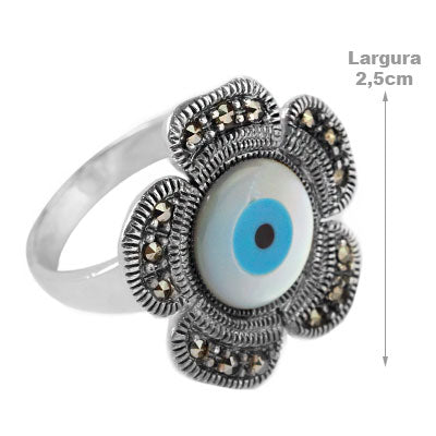 Anel de Prata Flor com Olho Grego