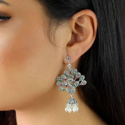 Brinco de Prata Pavão com Pedras