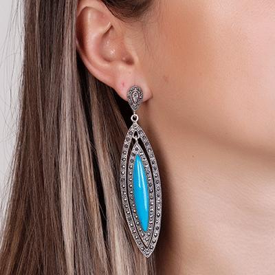 Brinco de Prata com Turquesa e Marcassitas.