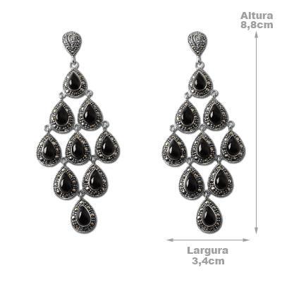 Brinco de Prata com Ônix e Marcassitas.