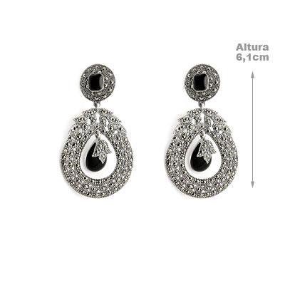 Brinco de Prata com Ônix e Marcassitas