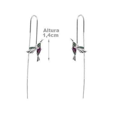 Brinco de Prata Corrente com Beija-Flor