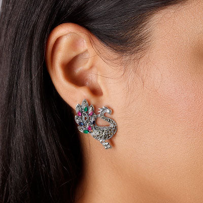 Brinco de Prata Pavão com Pedras