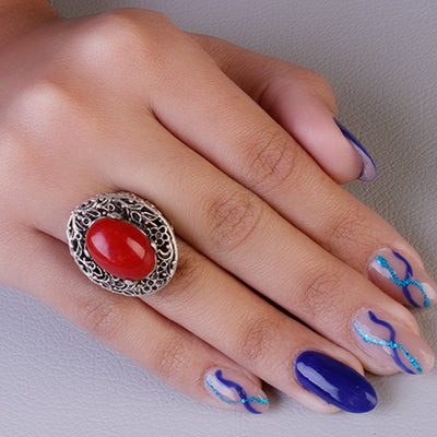 Anel de Prata com Coral - 61454