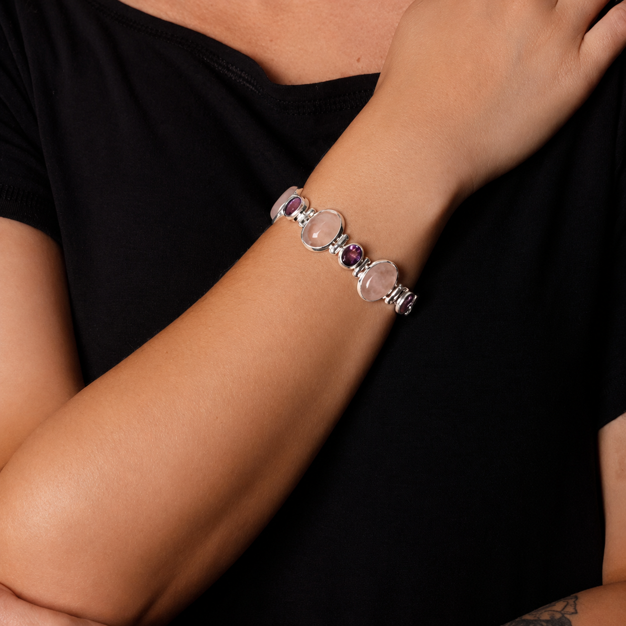 Pulseira de Prata com Quartzo Rosa - 50635