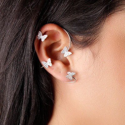 Brinco de Prata Contorno de Orelha Borboletas (Ear Cuff) 